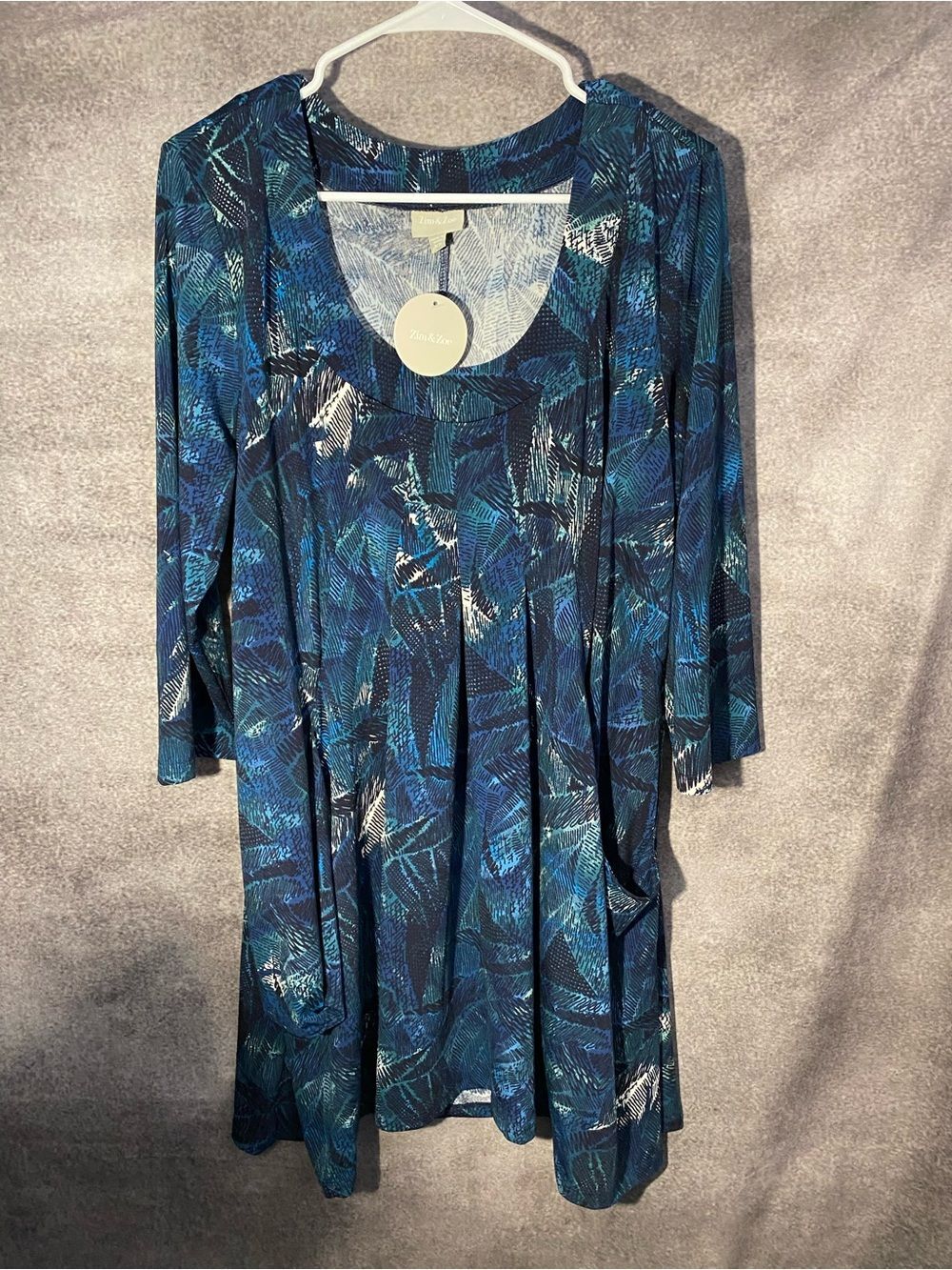 NWT Zim & Zoe Womens Plus 18/20 Blue Tropical Palm Tunic Dress Pocket Pleated